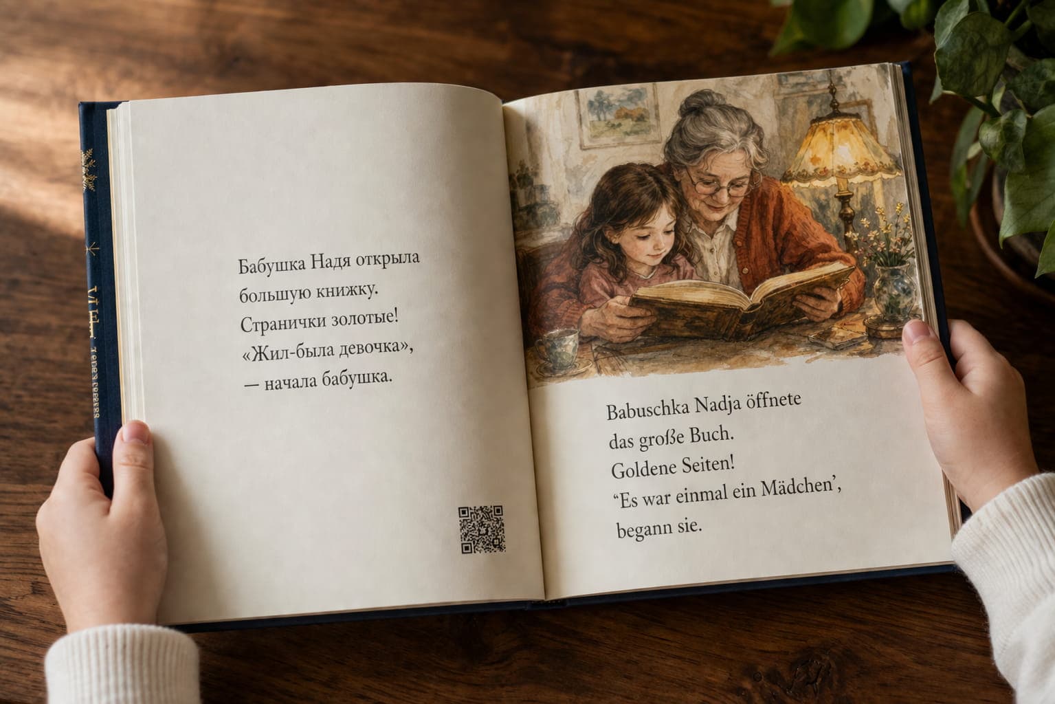 Hardcover-Märchenbuch mit QR-Code auf der Seite
