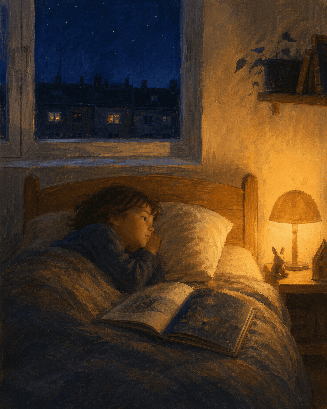 Kinderzimmer am Abend, Buch auf der Bettdecke, gedämpftes Lampenlicht